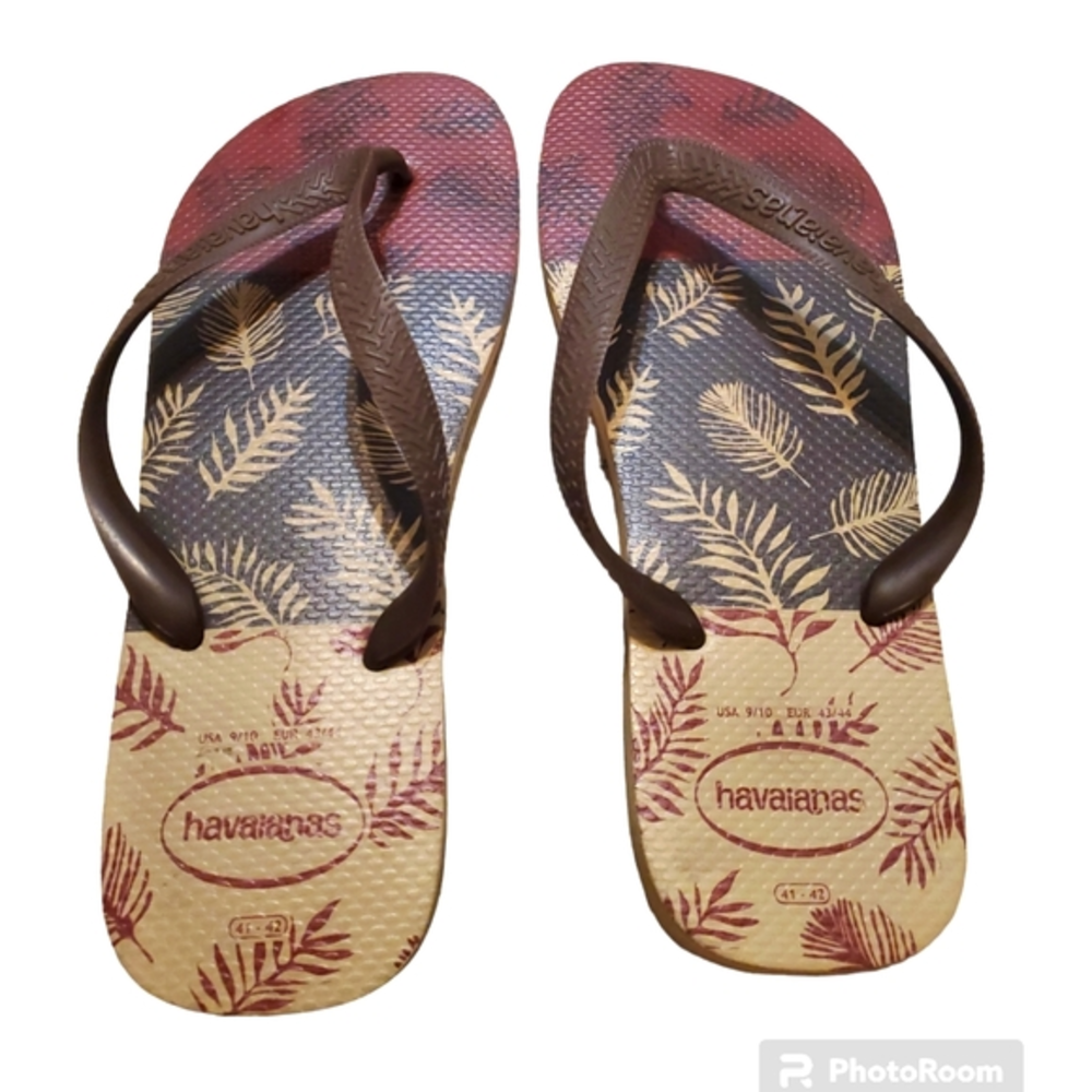 Havaianas Men's Aloha Brown Red Hibiscus Flip Flop‎ Sandals Size 9/10